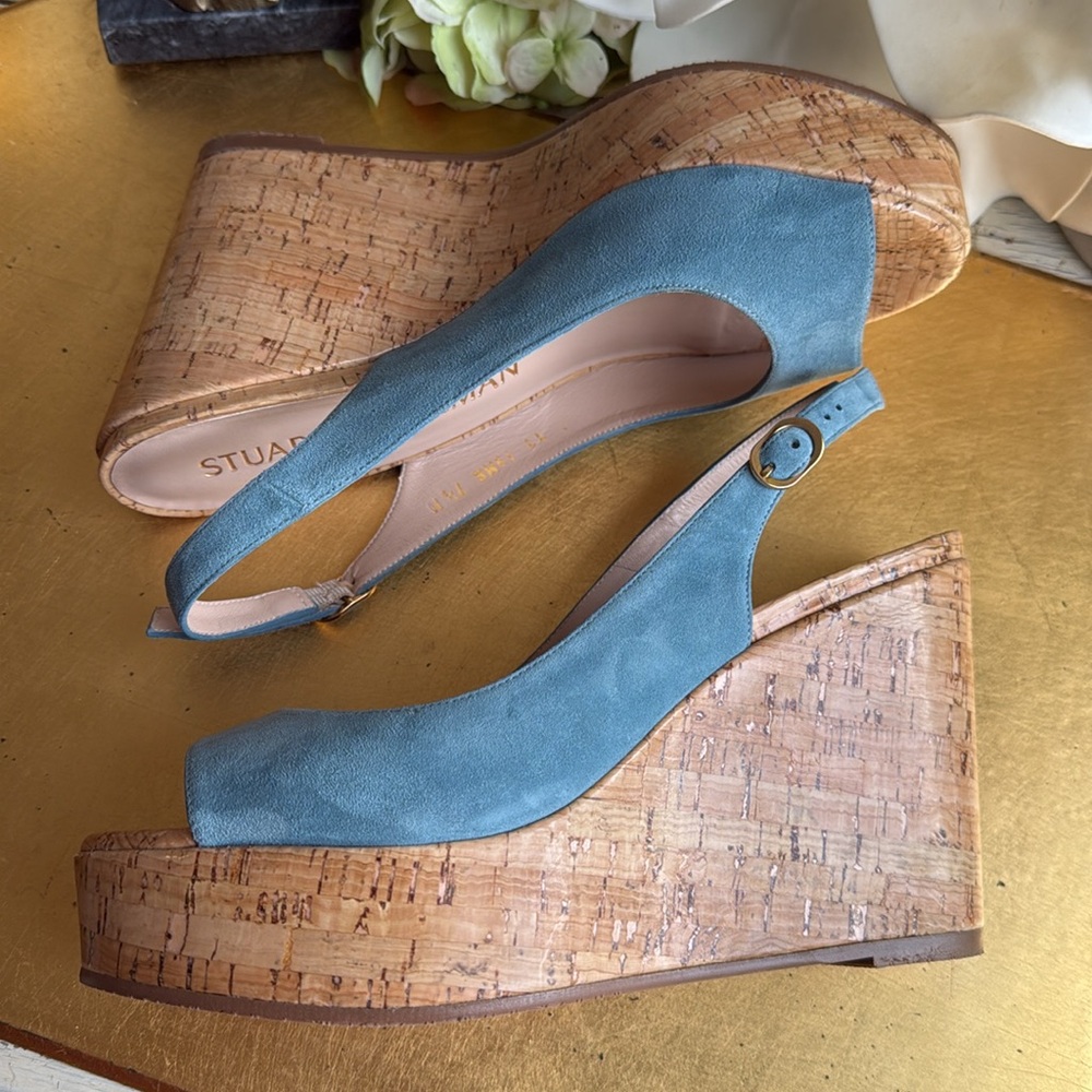 Stuart Weitzman Platform Gloss Cork Wedges in Blue Suede - Picture 7 of 16
